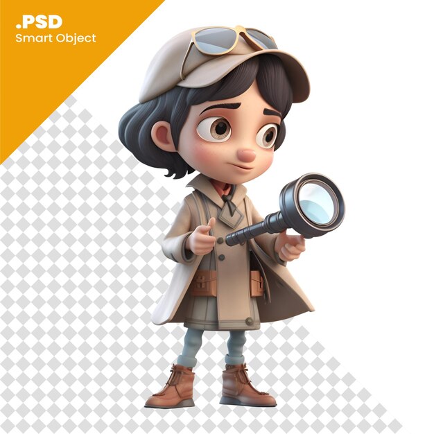 PSD rendu 3d d'un détective de dessin animé mignon avec un modèle psd de loupe