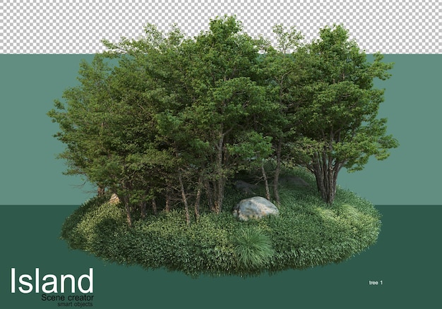 PSD rendu 3d de différents types d'arbres sur l'île