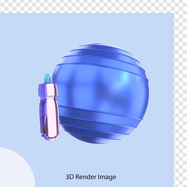 PSD rendu 3d du ballon de gym fitness avec bouteille de boisson