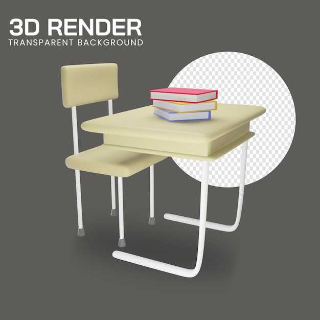 Rendu 3D du bureau et de la chaise d'école