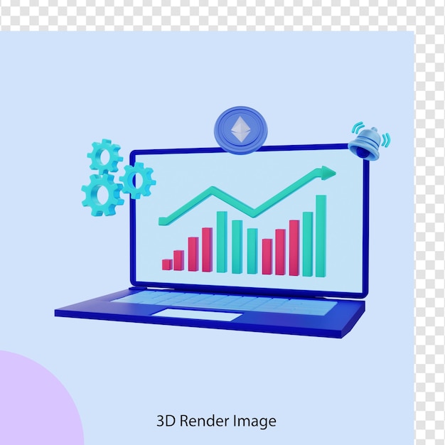 PSD rendu 3d du graphique en hausse de la pièce crypto ethereum avec ordinateur portable