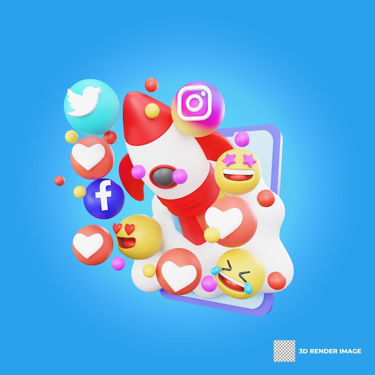 PSD rendu 3d du lancement de fusée sur le concept de marketing numérique de smartphone