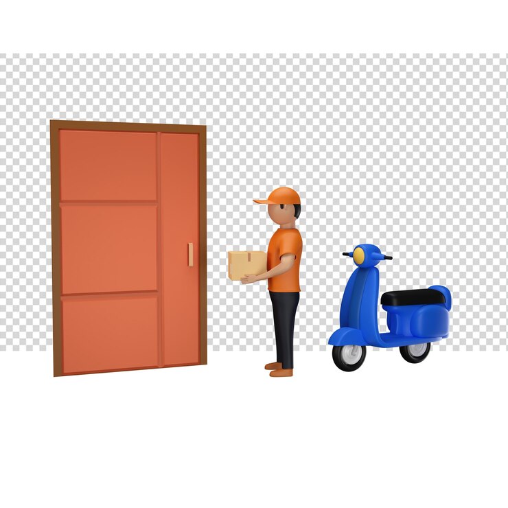 PSD rendu 3d du livreur sans visage tenant le colis devant la porte et le scooter sur fond blanc png