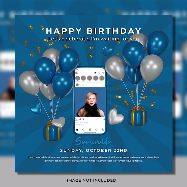 PSD rendu 3d du modèle de publication instagram d'invitation à une fête d'anniversaire numérique