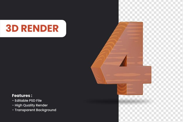 Rendu 3D du numéro 4 avec effet de texture bois isolé