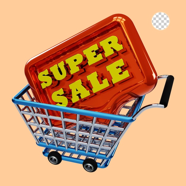 rendu 3d du panier d'achat avec étiquette de super vente