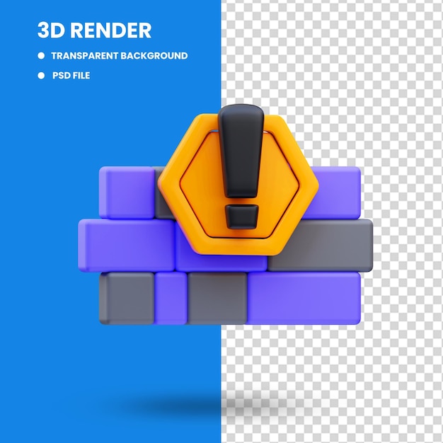 rendu 3d du pare-feu attention illustration de l'icône de la cybersécurité