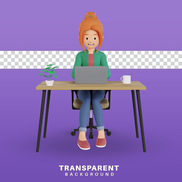 Rendu 3D du personnage de fille de dessin animé travaillant sur un ordinateur portable