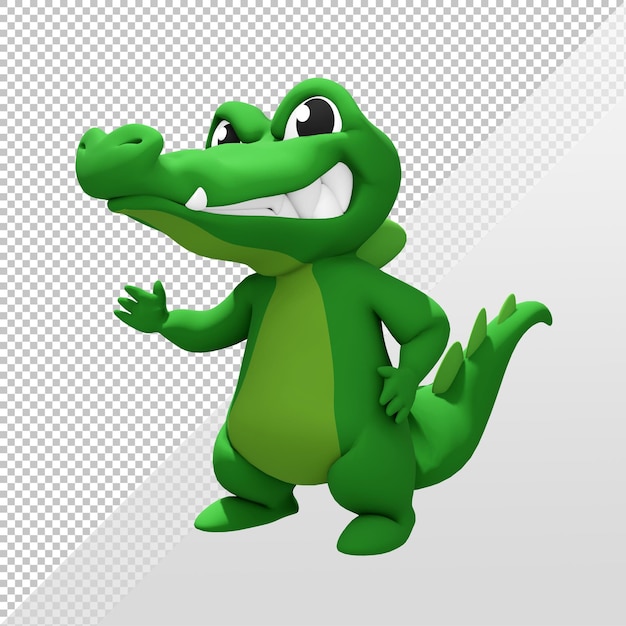 Rendu 3D du personnage de mascotte cutecrocodile saluant et regardant le spectateur