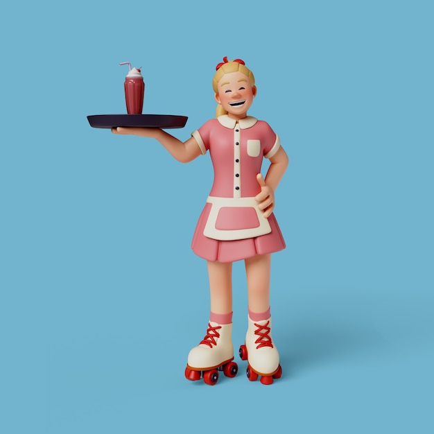 PSD rendu 3d du personnage de serveuse du restaurant