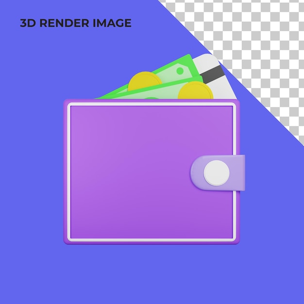rendu 3D du portefeuille avec de l'argent et une carte de crédit