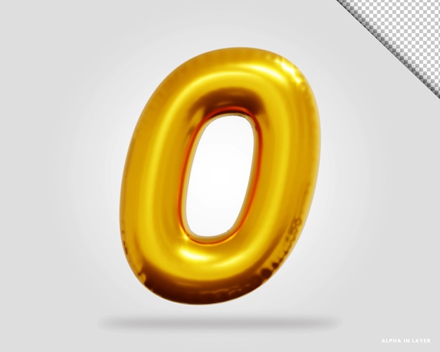 PSD rendu 3d du style de ballon numéro 0 de l'alphabet doré