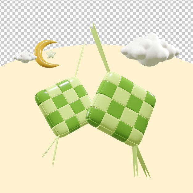 Rendu 3D Eid Al Fitr Ketupat avec des nuages