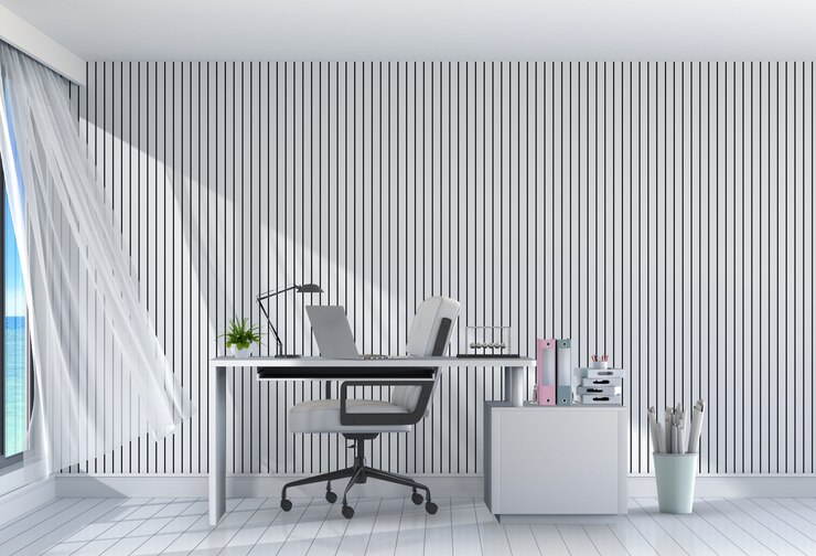 PSD rendu 3d de l'espace de travail intérieur moderne avec bureau et ordinateur portable