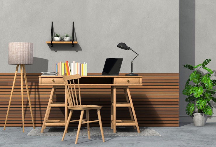 PSD rendu 3d de l'espace de travail de salon moderne intérieur avec ordinateur portable