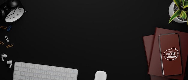 Rendu 3D de l'espace de travail sombre avec ordinateur smartphone