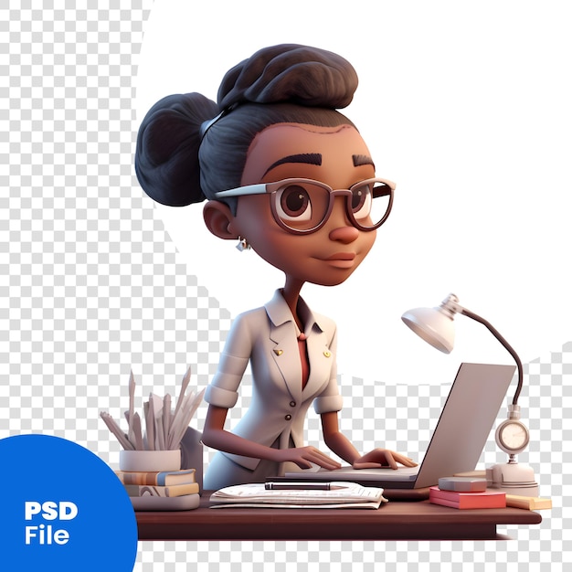 PSD rendu 3d d'une femme d'affaires afro-américaine travaillant sur un modèle psd pour ordinateur portable