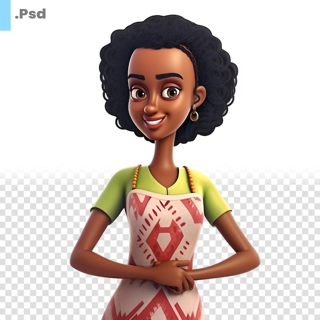 PSD rendu 3d d'une femme afro-américaine avec un modèle psd de tablier