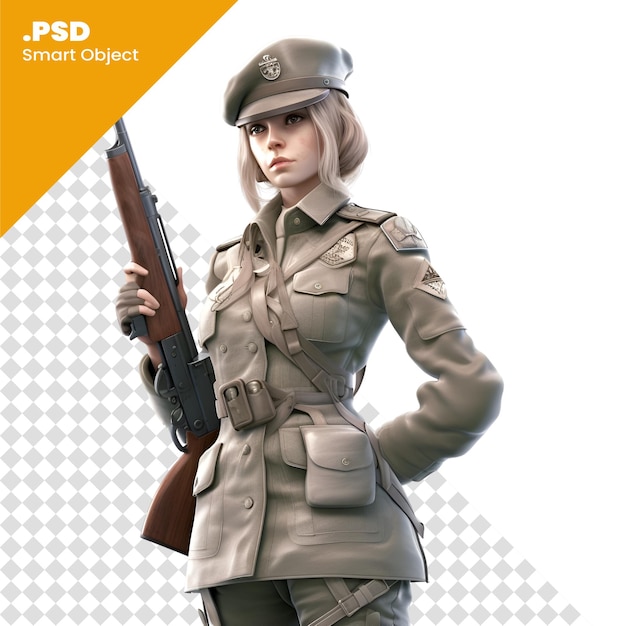 PSD rendu 3d d'une femme soldat avec un fusil isolé sur un fond blanc modèle psd