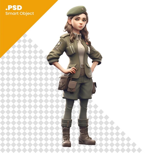 PSD rendu 3d d'une femme soldat en uniforme militaire de la seconde guerre mondiale isolée sur un modèle psd de fond blanc