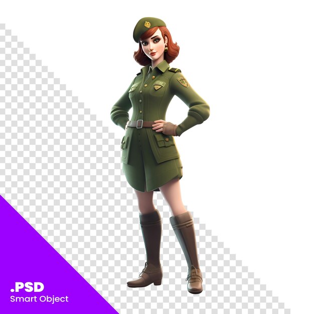 PSD rendu 3d d'une femme soldat en uniforme vert isolée sur fond blanc modèle psd