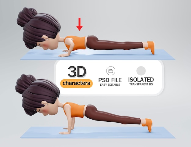 rendu 3D. Les femmes s'exercent avec une pose Archer Push Ups. L'entraînement cible les abdominaux