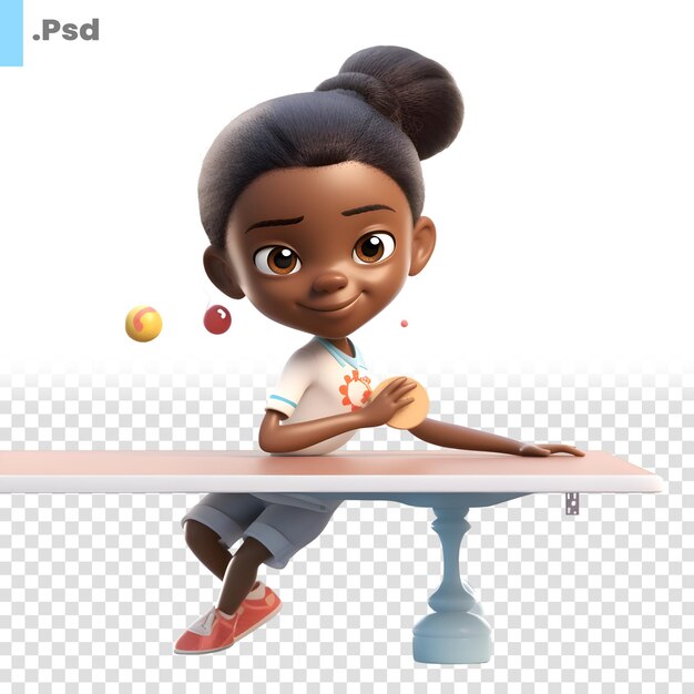 PSD rendu 3d d'une fille afro-américaine jouant au tennis de table isolée sur fond blanc modèle psd