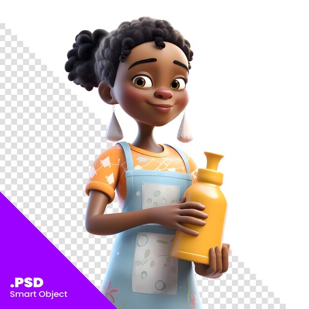 PSD rendu 3d d'une fille afro-américaine avec un modèle psd de tablier de cuisine