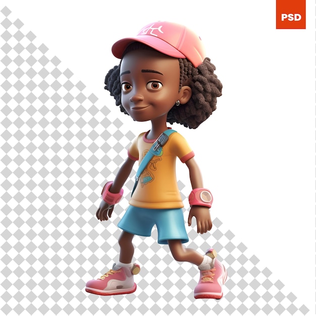 PSD rendu 3d d'une fille afro-américaine avec planche à roulettes