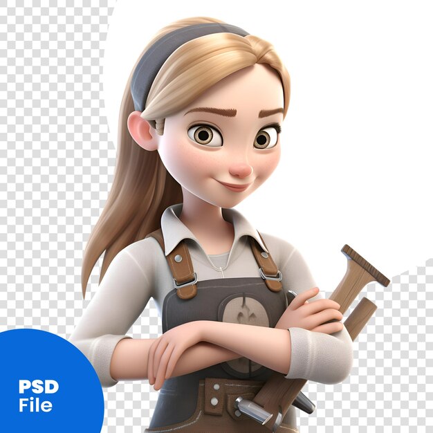 Rendu 3d D'une Fille En Salopette En Cuir Avec Un Modèle Psd De Marteau