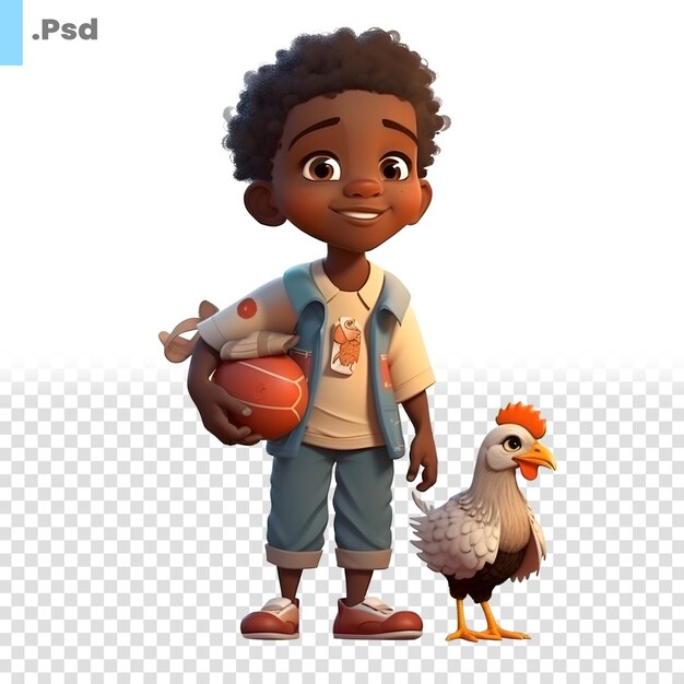 PSD rendu 3d d'un garçon afro-américain avec un modèle psd de poulet et de coq