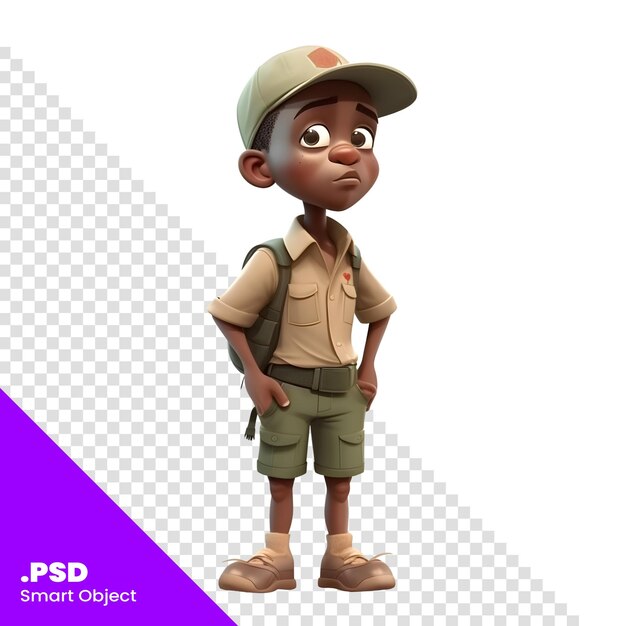 PSD rendu 3d d'un garçon afro-américain avec un modèle psd d'uniforme de scout