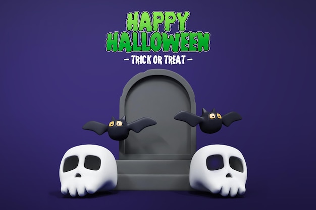 PSD rendu 3d d'halloween avec le crâne de pierre tombale et la chauve-souris 3d premium psd