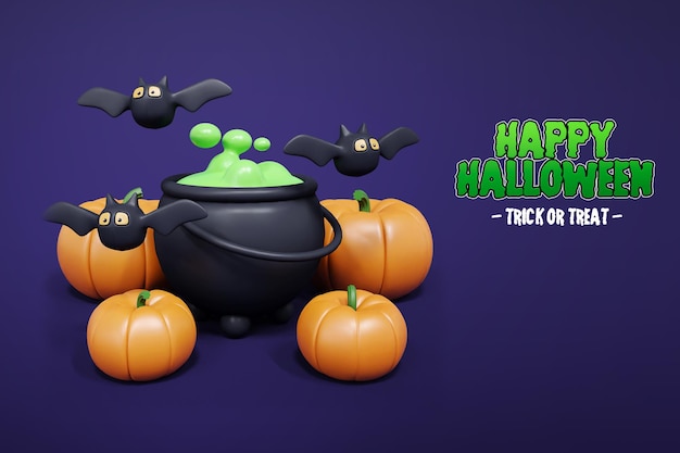 Rendu 3d Halloween isolé avec citrouille chauve-souris et sorcières brassent 3d Premium Psd