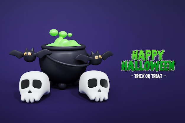 PSD rendu 3d d'halloween isolé avec un crâne et des sorcières brassant 3d premium psd