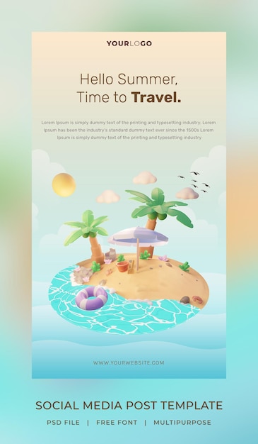 Rendu 3d, Hello Summer, Modèle D'histoire De Publication Sur Les Réseaux Sociaux, Avec Illustration De Cocotier Et Plage De Parasol