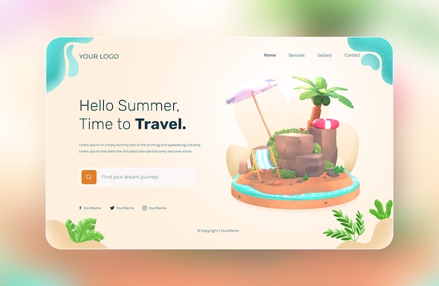 Rendu 3D, Hello Summer, modèle de site Web, avec illustration cocotier et plage parapluie