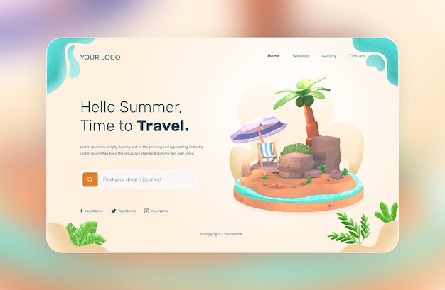 Rendu 3d, Hello Summer, Modèle De Site Web, Avec Illustration Cocotier Et Plage Parapluie