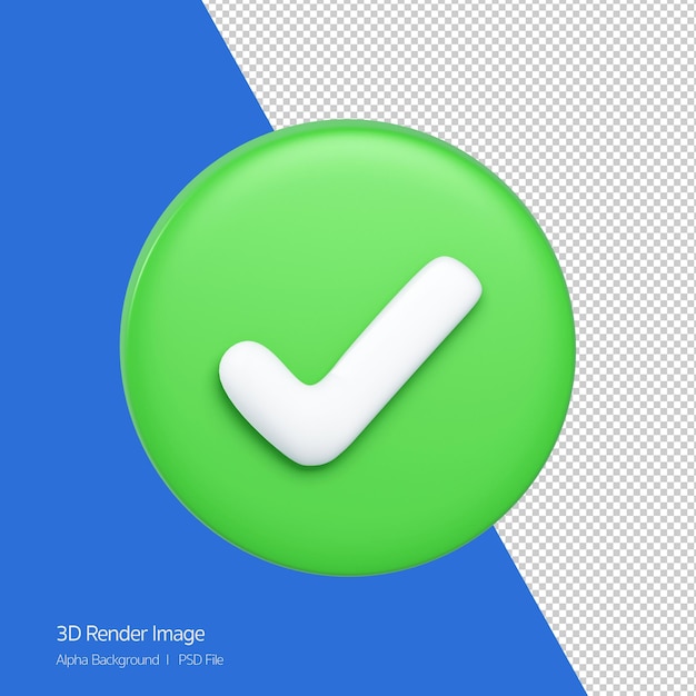 PSD rendu 3d de l'icône correcte sur cercle vert isolé sur blanc.