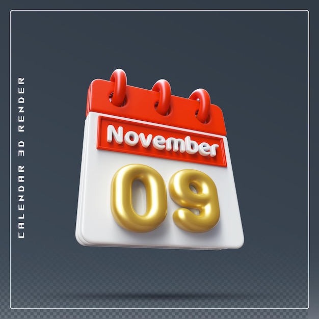 PSD rendu 3d de l'icône du calendrier du 9 novembre