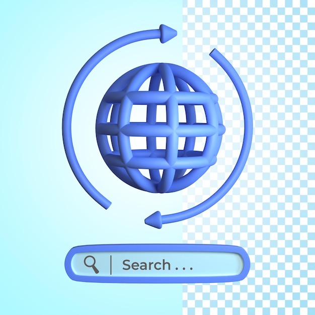 PSD rendu 3d de l'icône internet globe avec bouton de recherche