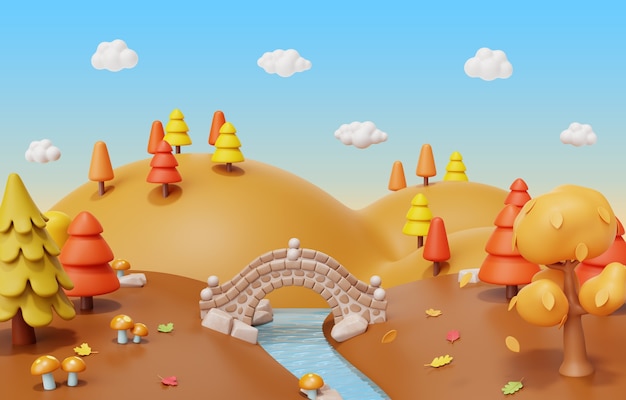 Rendu 3D de l'illustration du paysage d'automne