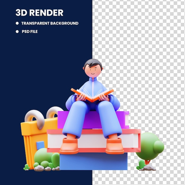 rendu 3d de l'illustration du personnage assis sur une pile de livres et lisant un livre, retour à l'école
