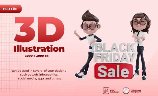 PSD rendu 3d de l'illustration du vendredi noir avec des personnages