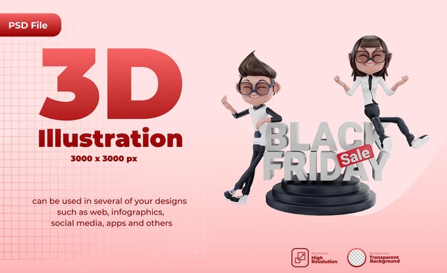 Rendu 3d De L'illustration Du Vendredi Noir Avec Des Personnages