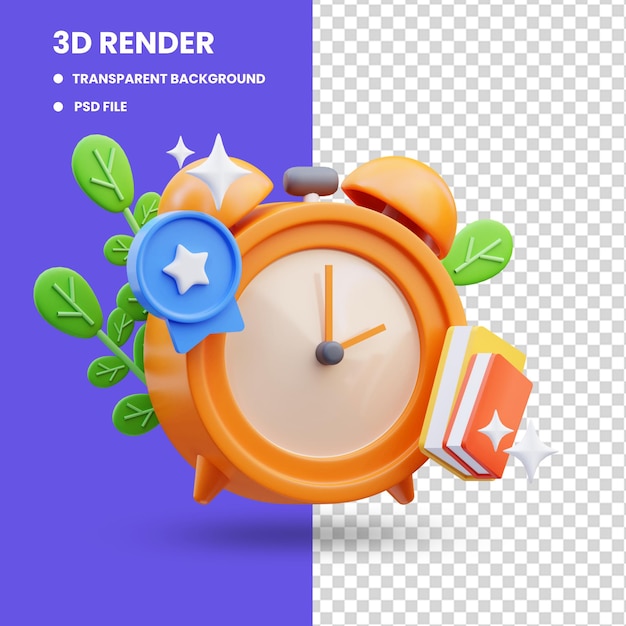 rendu 3d de l'illustration de l'icône de la mini horloge avec livre, retour à l'école