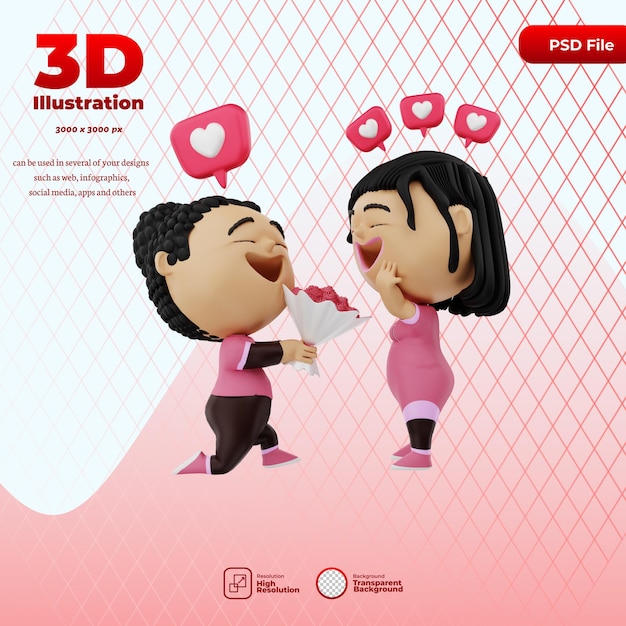 PSD rendu 3d illustration de la saint-valentin personnage mignon