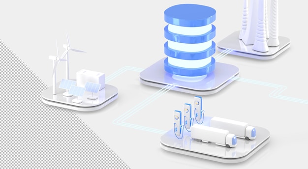 Rendu 3d Isométrique Du Centre De Données Serveur De Base De Données D'interface De Programmation D'application Api Pour Station De Recharge électrique De Ville Intelligente Avec Camions énergie Renouvelable Avec éoliennes Et Panneaux Solaires