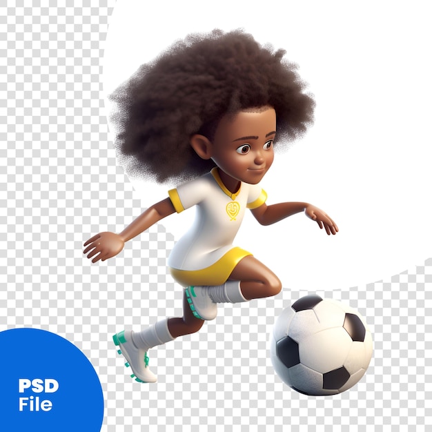 PSD rendu 3d d'une jolie fille afro-américaine jouant au football isolée sur fond blanc modèle psd