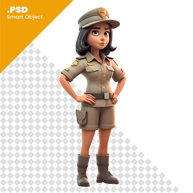 PSD rendu 3d d'une jolie fille de l'armée avec un modèle psd de casquette et de béret